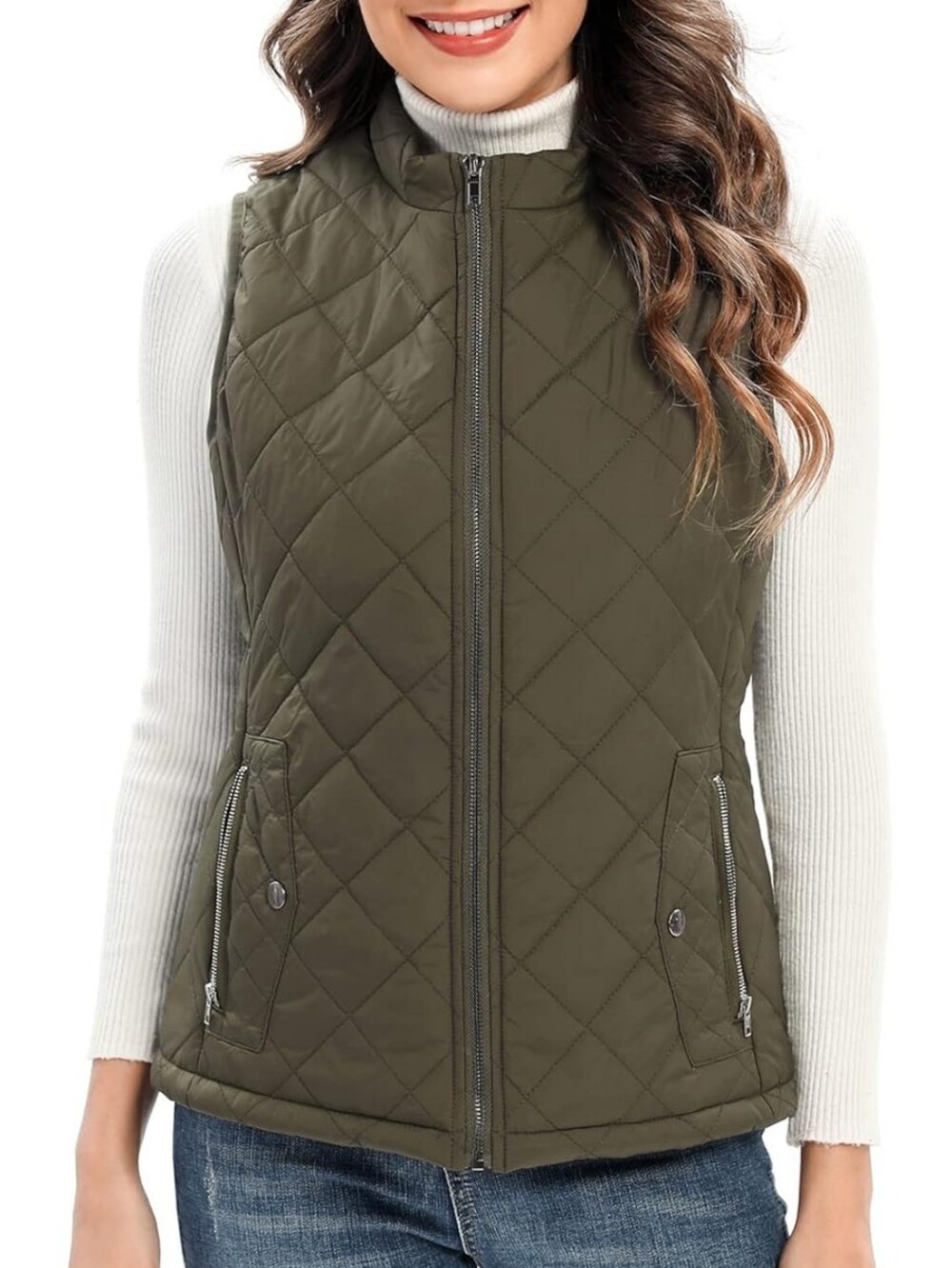 Quilted Olive Green Women's Vest - Classic Sleeveless Layer